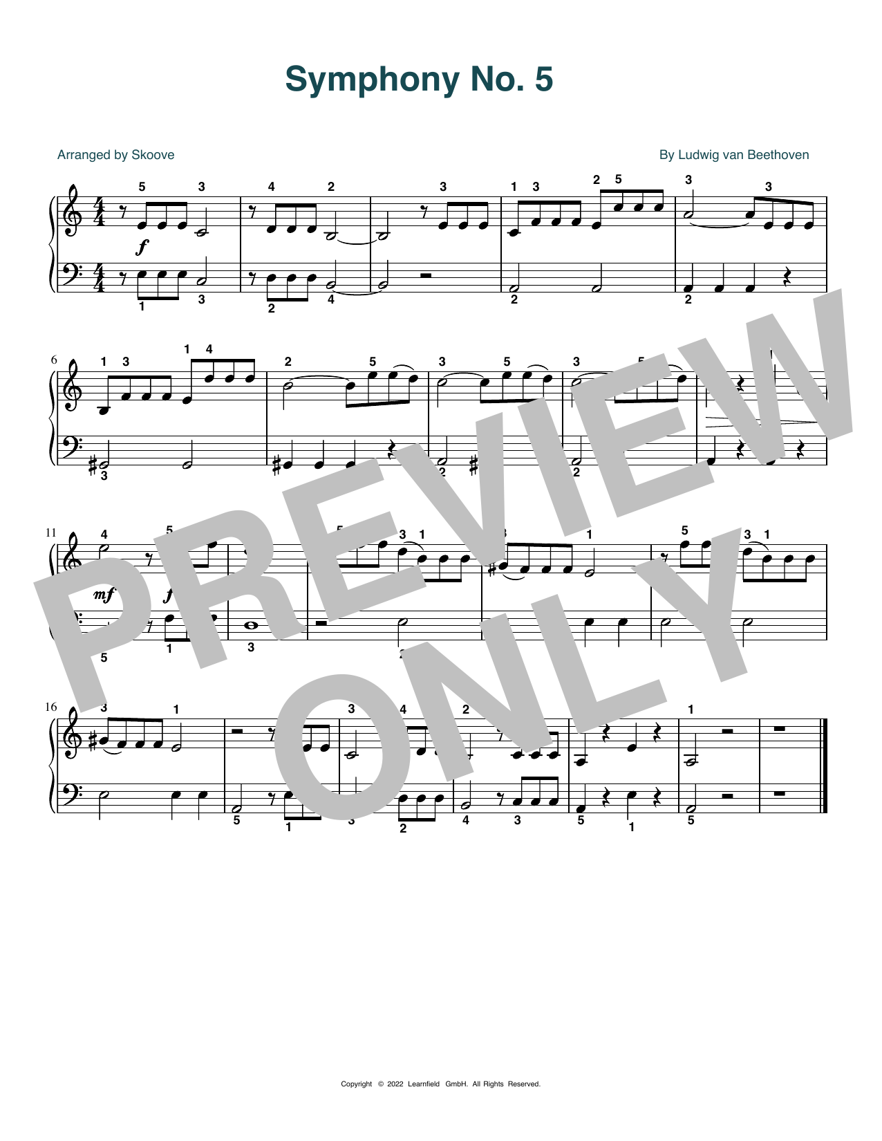 Ludwig van Beethoven Symphony No. 5 (arr. Skoove) Sheet Music Notes & Chords for Beginner Piano (Abridged) - Download or Print PDF
