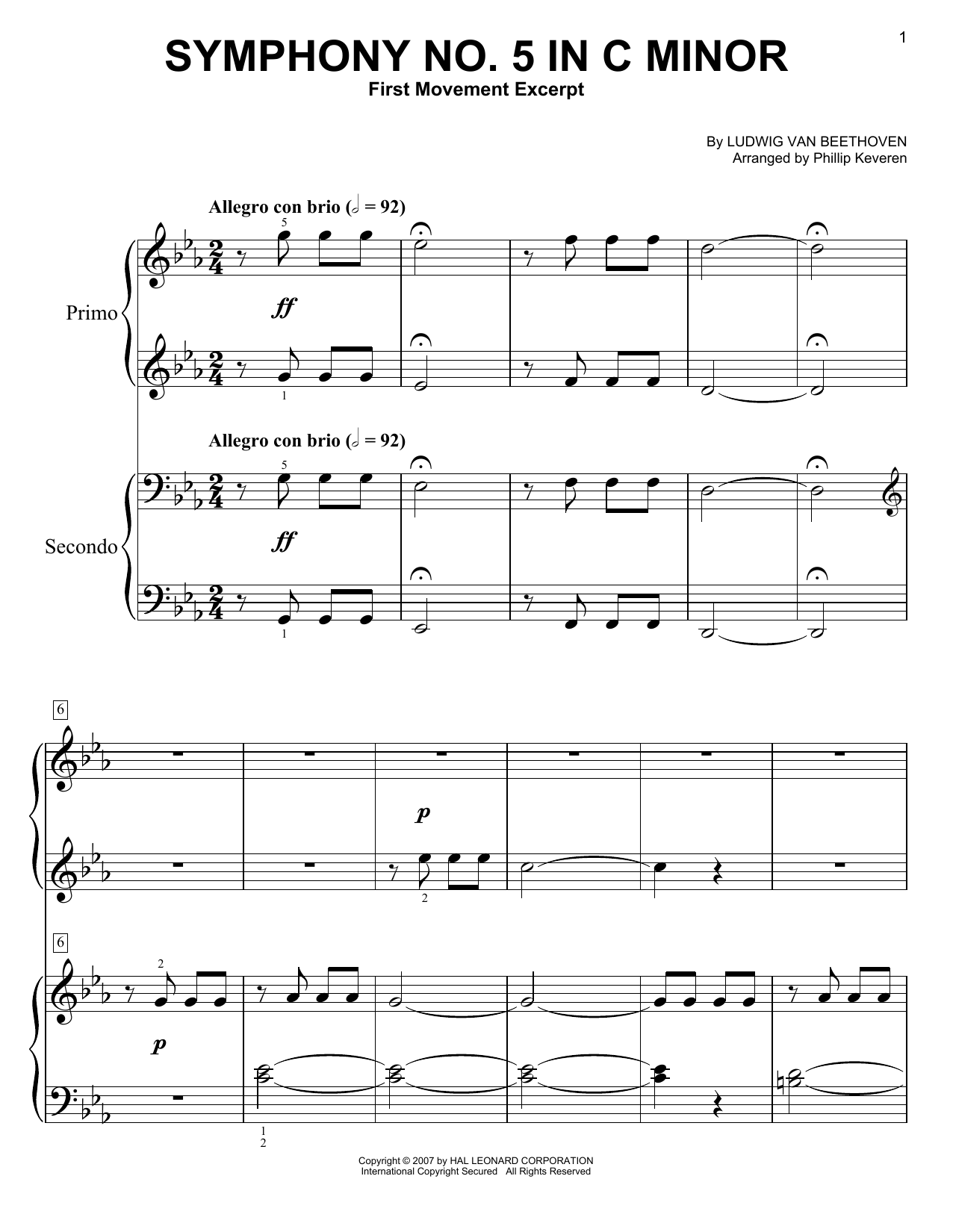 Phillip Keveren Symphony No. 5 In C Minor, First Movement Excerpt Sheet Music Notes & Chords for Easy Piano Duet - Download or Print PDF