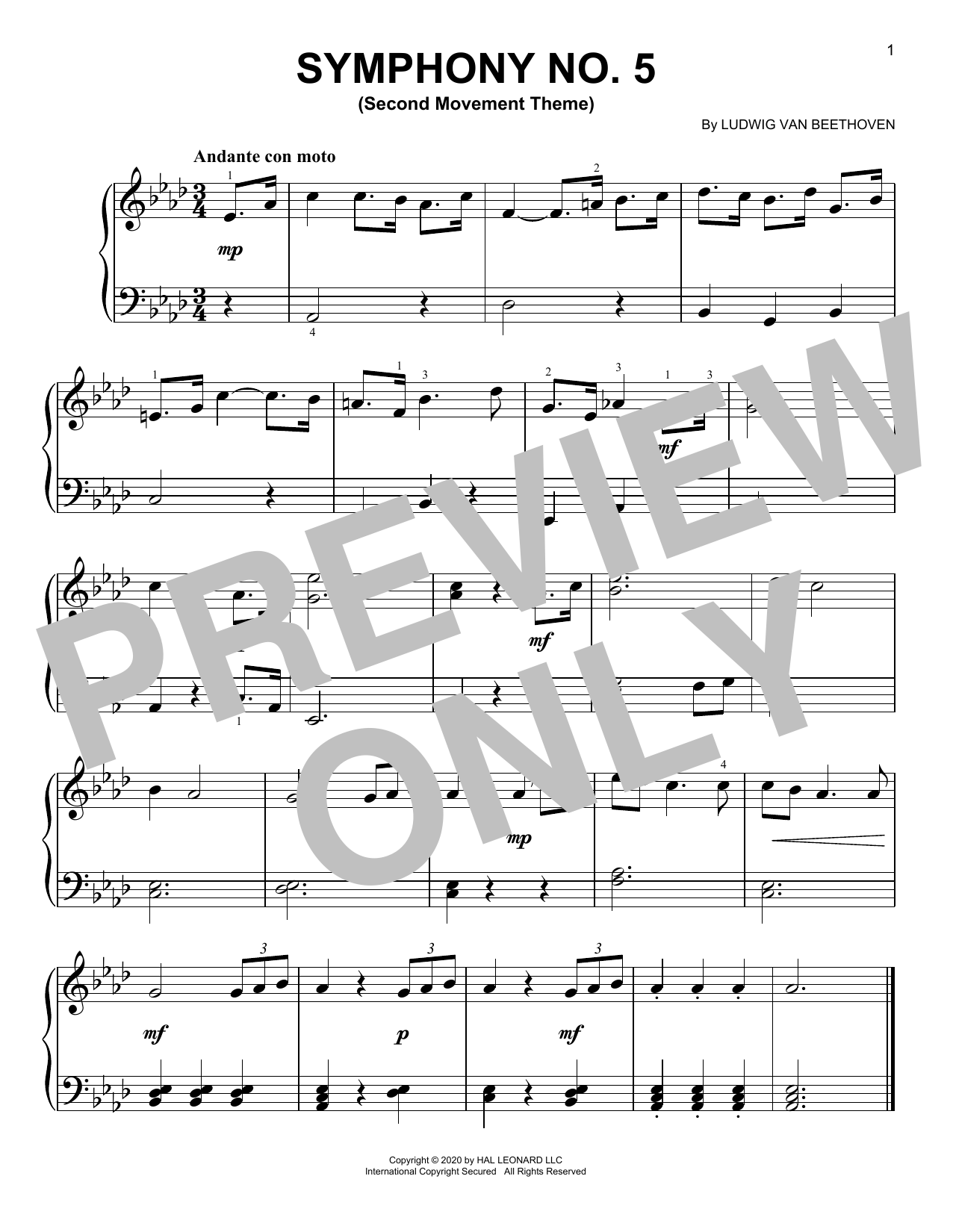 Ludwig van Beethoven Symphony No. 5, Second Movement Excerpt Sheet Music Notes & Chords for Piano Solo - Download or Print PDF