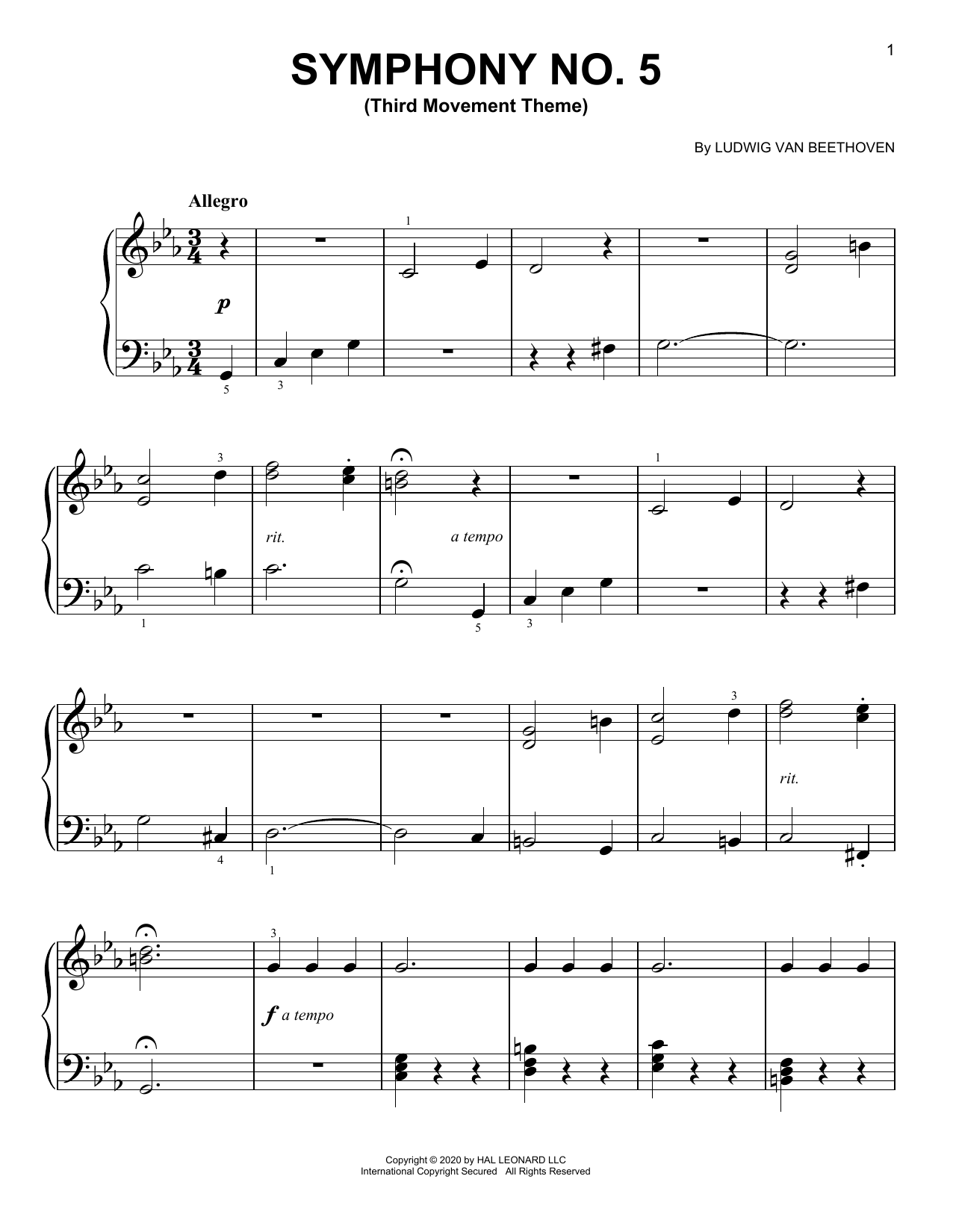 Ludwig van Beethoven Symphony No. 5, Third Movement Excerpt Sheet Music Notes & Chords for Easy Piano - Download or Print PDF