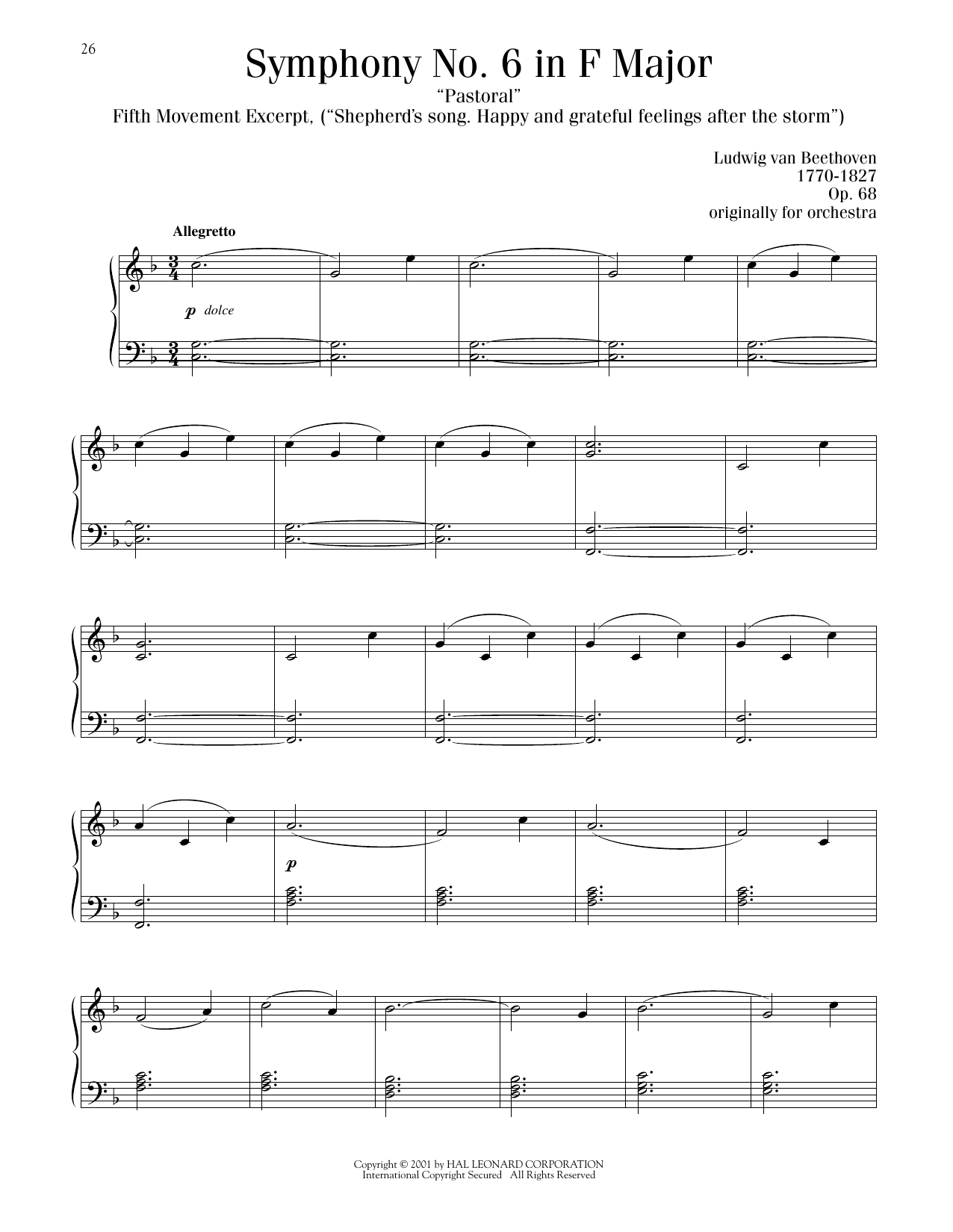 Ludwig van Beethoven Symphony No. 6, Fifth Movement Sheet Music Notes & Chords for Piano Solo - Download or Print PDF