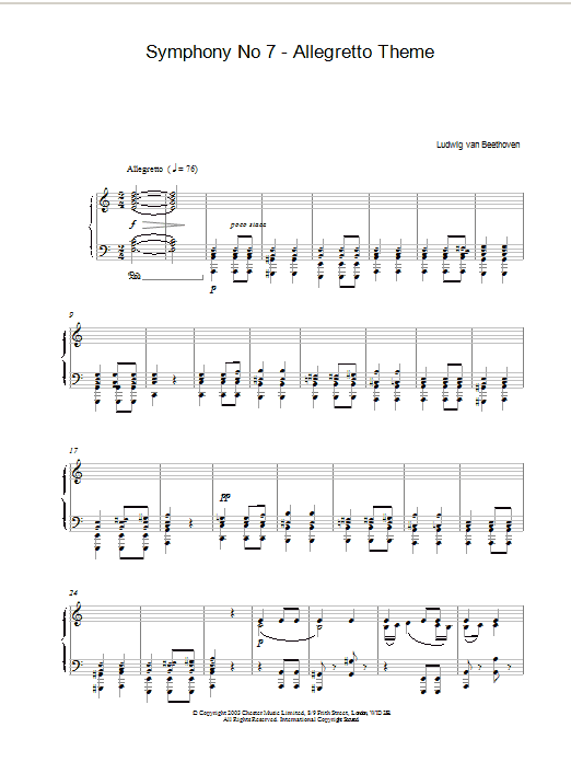 Ludwig van Beethoven Symphony No. 7 - Allegretto Theme Sheet Music Notes & Chords for Piano Solo - Download or Print PDF
