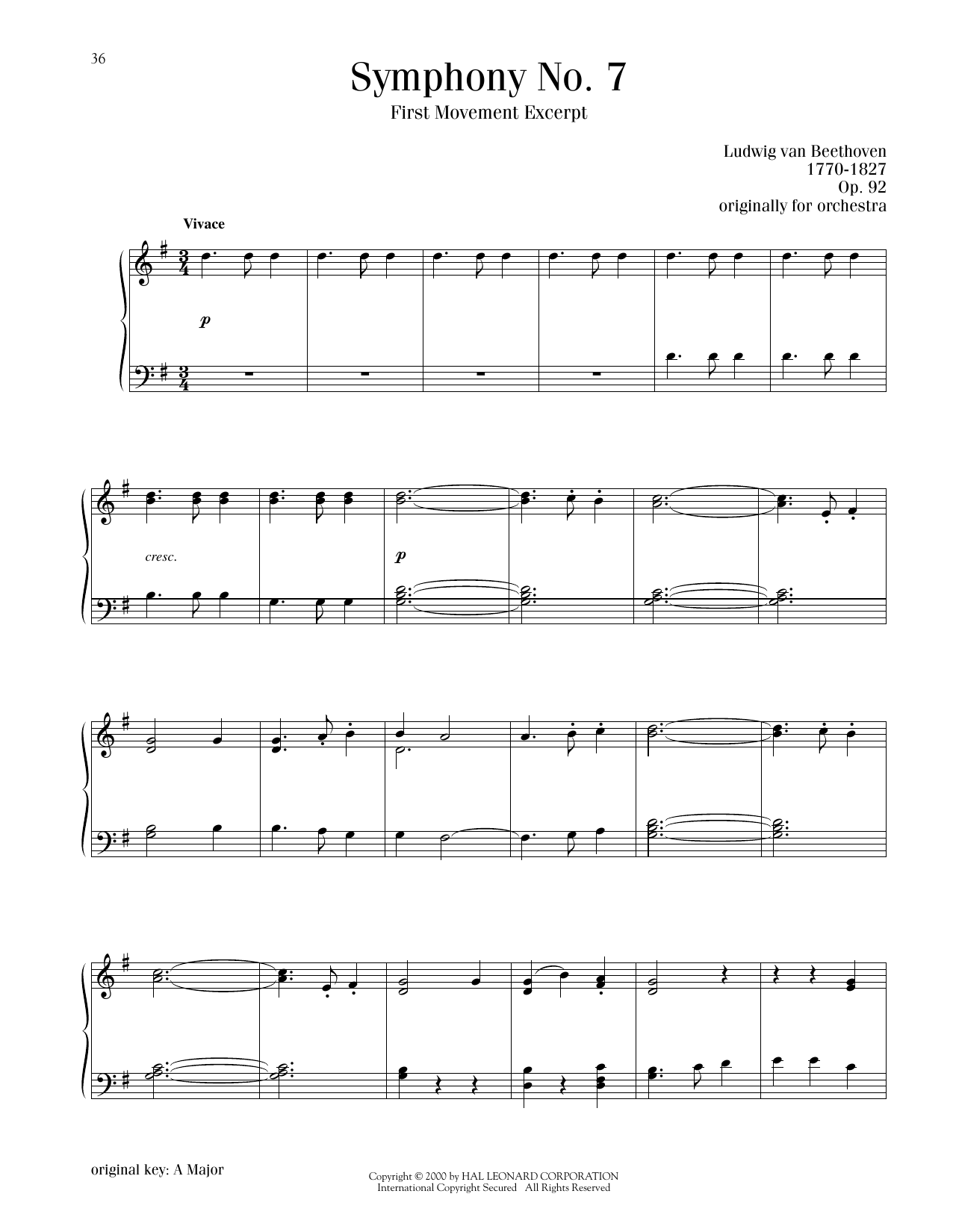 Ludwig van Beethoven Symphony No. 7 In A Major, First Movement Excerpt Sheet Music Notes & Chords for Piano Solo - Download or Print PDF