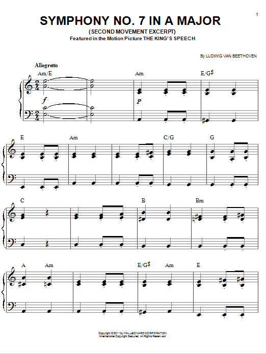 Ludwig van Beethoven Symphony No. 7 In A Major, Second Movement (Allegretto) Sheet Music Notes & Chords for Super Easy Piano - Download or Print PDF