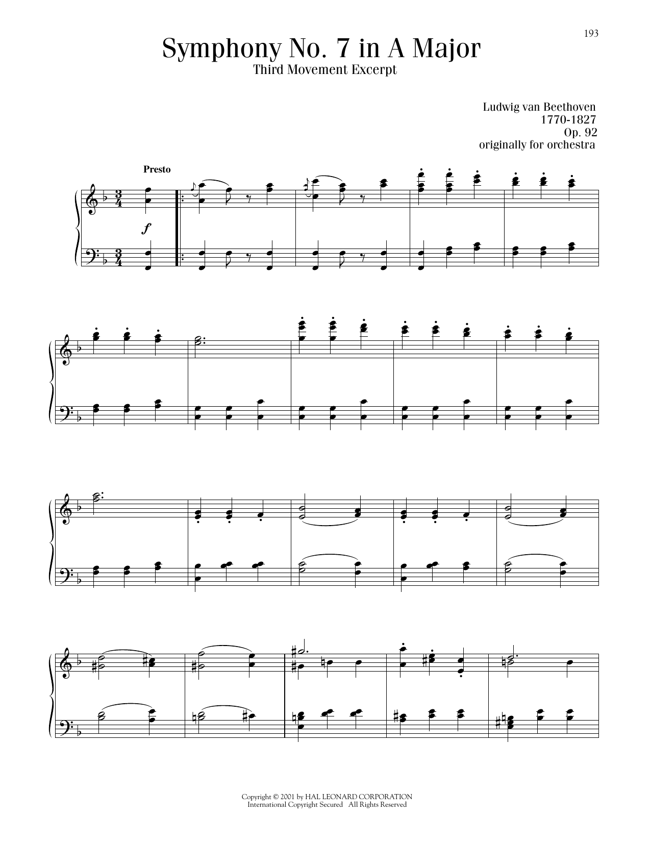 Ludwig van Beethoven Symphony No. 7 In A Major, Third Movement Sheet Music Notes & Chords for Piano Solo - Download or Print PDF