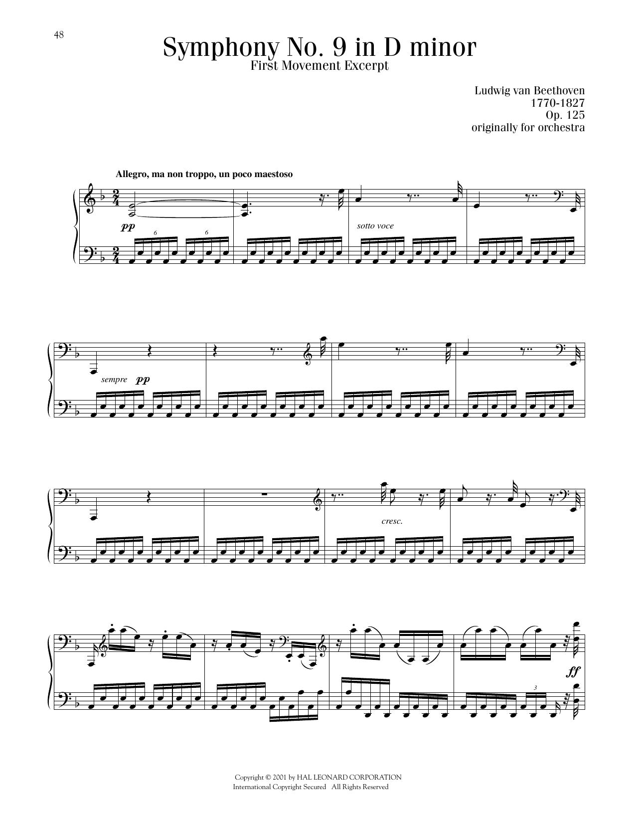 Ludwig van Beethoven Symphony No. 9, First Movement Excerpt Sheet Music Notes & Chords for Piano Solo - Download or Print PDF