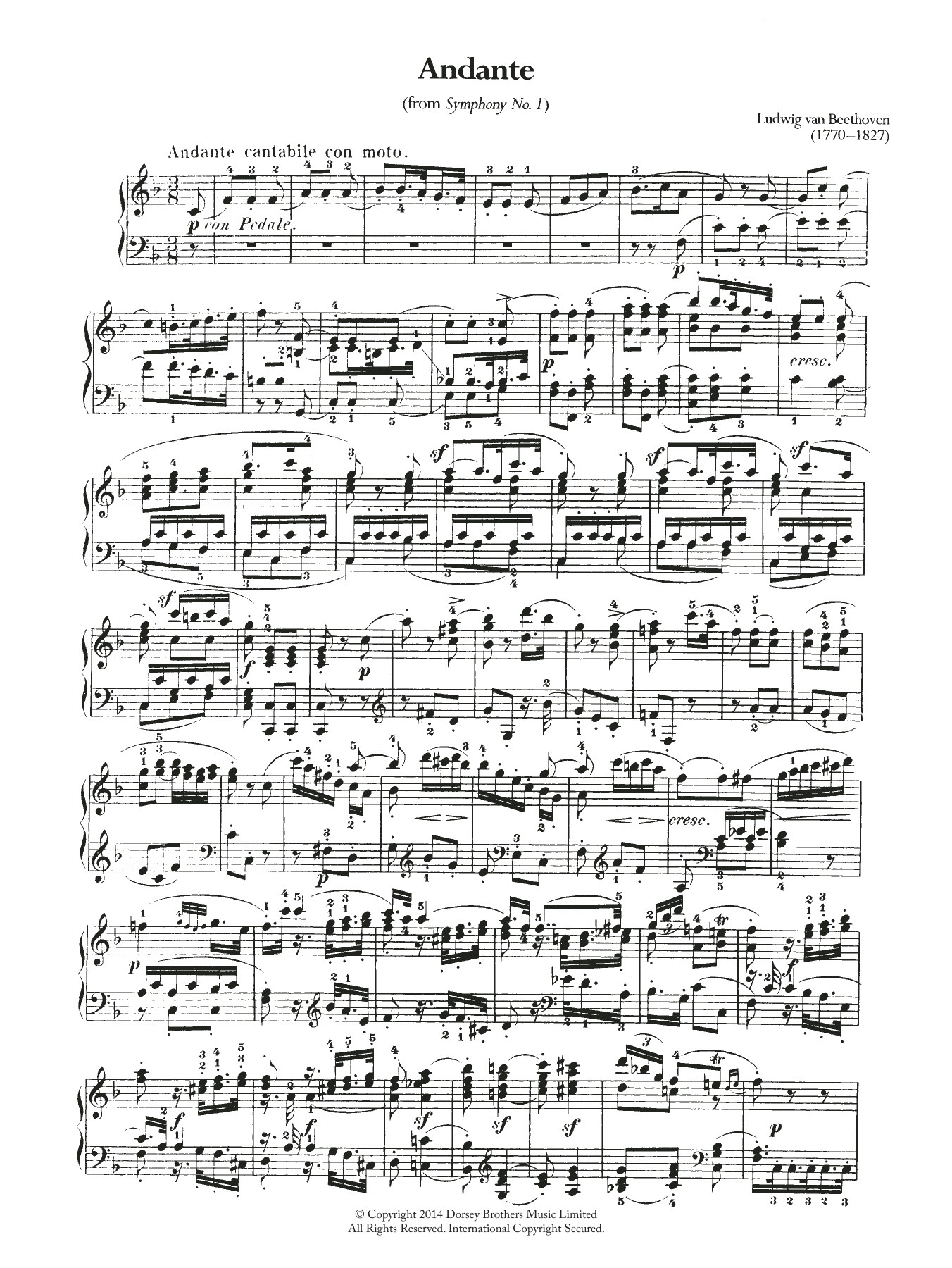 Ludwig van Beethoven Symphony No.1, Andante Sheet Music Notes & Chords for Piano - Download or Print PDF