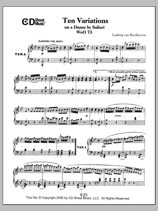 Ludwig van Beethoven Variations (10) On A Duet By Salieri, Woo 73 Sheet Music Notes & Chords for Piano Solo - Download or Print PDF