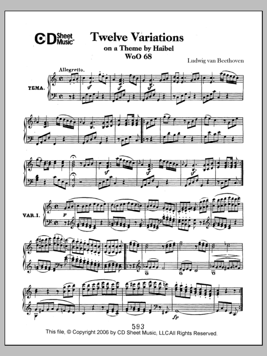 Ludwig van Beethoven Variations (12) On A Theme By Haibel, Woo 68 Sheet Music Notes & Chords for Piano Solo - Download or Print PDF
