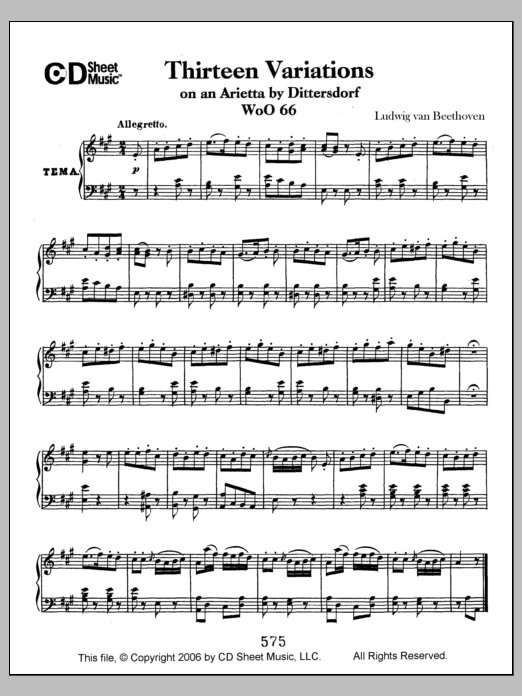 Ludwig van Beethoven Variations (13) On An Arietta By Dittersdorf, Woo 66 Sheet Music Notes & Chords for Piano Solo - Download or Print PDF