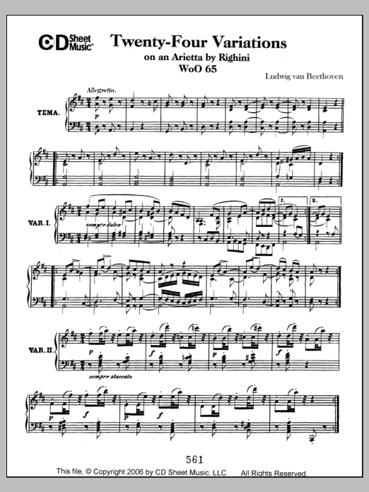 Ludwig van Beethoven Variations (24) On An Arietta By Righini, Woo 65 Sheet Music Notes & Chords for Piano Solo - Download or Print PDF