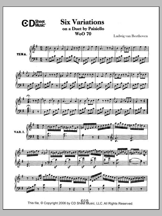 Ludwig van Beethoven Variations (6) On A Duet By Paisiello, Woo 70 Sheet Music Notes & Chords for Piano Solo - Download or Print PDF