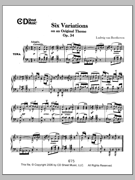 Ludwig van Beethoven Variations (6) On An Original Theme, Op. 34 Sheet Music Notes & Chords for Piano Solo - Download or Print PDF