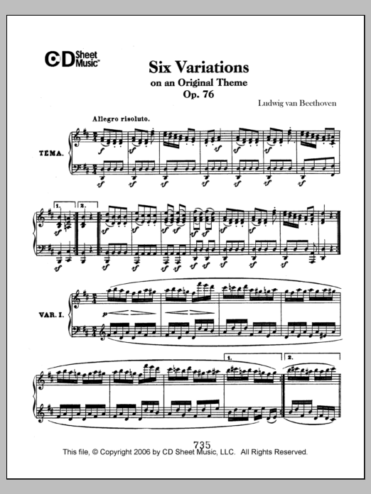 Ludwig van Beethoven Variations (6) On An Original Theme, Op. 76 Sheet Music Notes & Chords for Piano Solo - Download or Print PDF