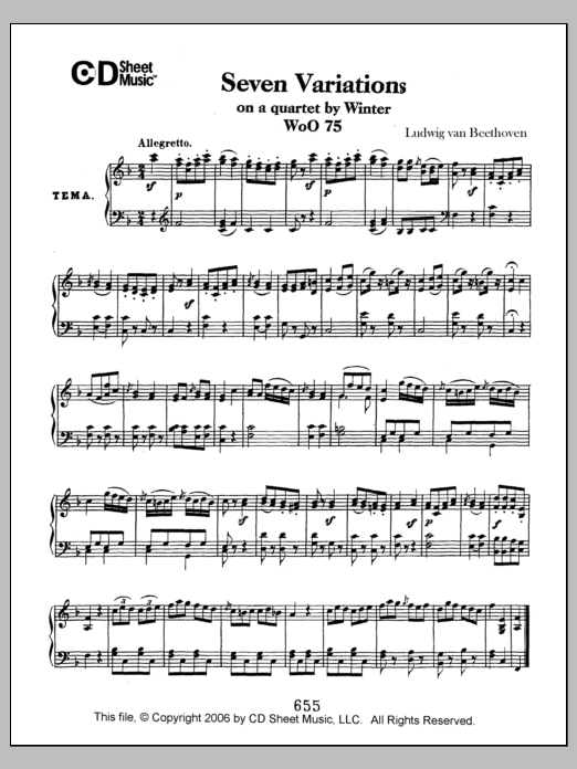 Ludwig van Beethoven Variations (7) On A Quartet By Winter, Woo 75 Sheet Music Notes & Chords for Piano Solo - Download or Print PDF