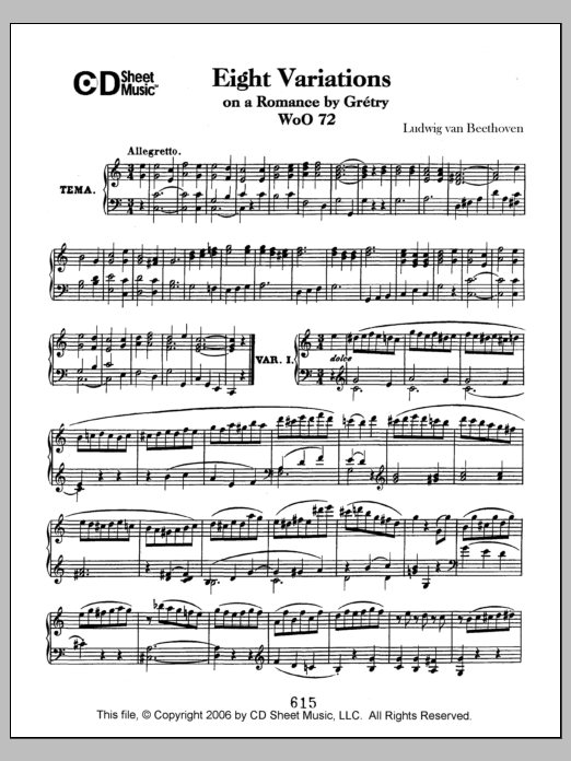 Ludwig van Beethoven Variations (8) On A Romance By Gretry, Woo 72 Sheet Music Notes & Chords for Piano Solo - Download or Print PDF