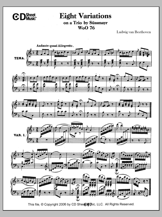 Ludwig van Beethoven Variations (8) On A Trio By Sussmayr, Woo 76 Sheet Music Notes & Chords for Piano Solo - Download or Print PDF
