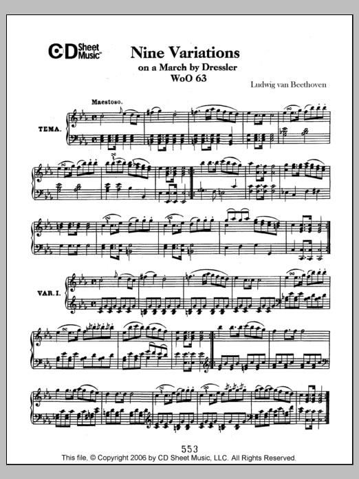 Ludwig van Beethoven Variations (9) On A March By Dressler, Woo 63 Sheet Music Notes & Chords for Piano Solo - Download or Print PDF