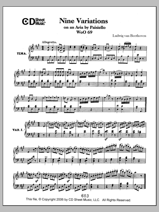 Ludwig van Beethoven Variations (9) On An Aria By Paisiello, Woo 69 Sheet Music Notes & Chords for Piano Solo - Download or Print PDF