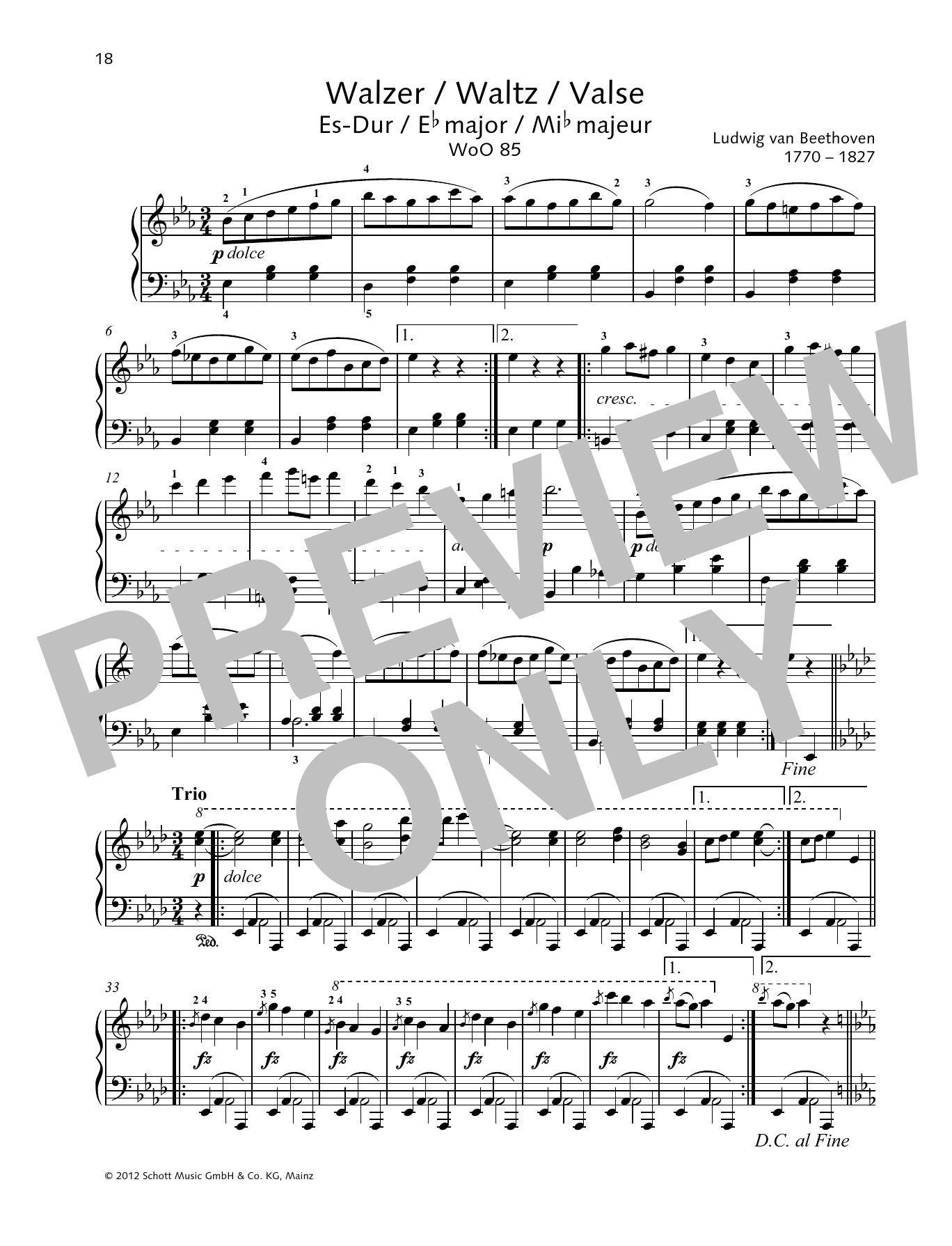 Ludwig van Beethoven Waltz E-flat major Sheet Music Notes & Chords for Piano Solo - Download or Print PDF