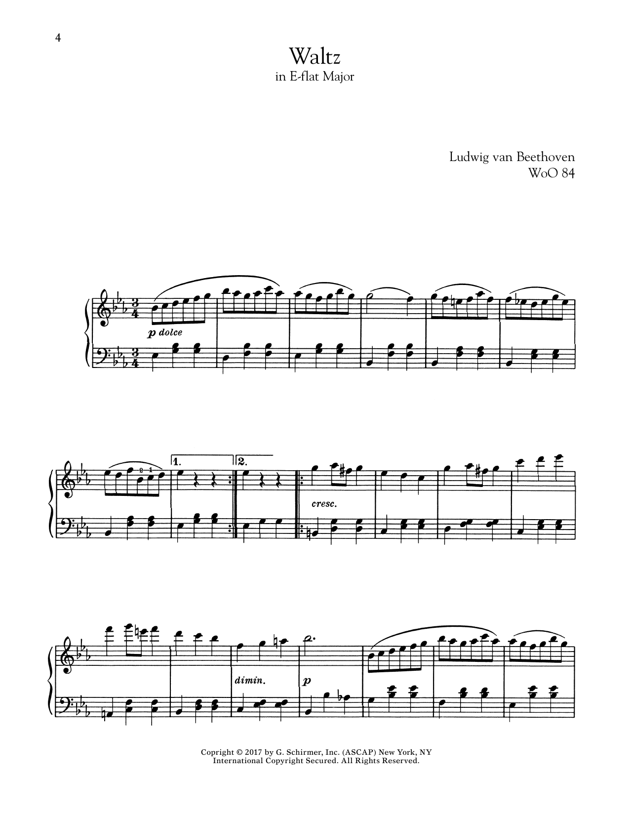 Ludwig van Beethoven Waltz In E-Flat Major, WoO 84 Sheet Music Notes & Chords for Piano - Download or Print PDF
