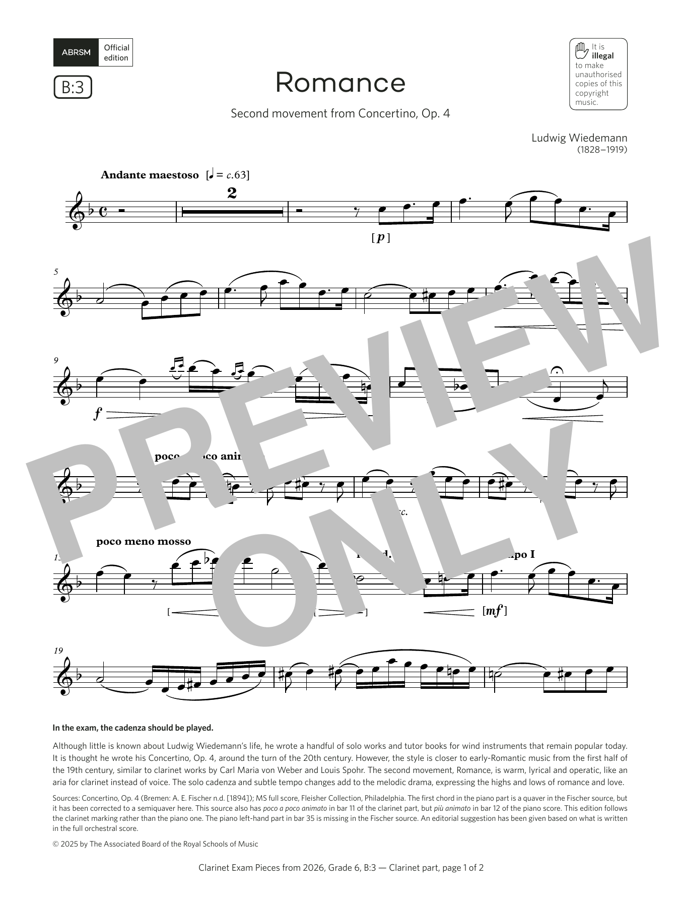 Ludwig Wiedemann Romance (Grade 6, list B3, from the ABRSM Clarinet Syllabus from 2026) Sheet Music Notes & Chords for Clarinet Solo - Download or Print PDF Ludwig Wiedemann Romance (Grade 6, list B3, from the ABRSM Clarinet Syllabus from 2026) Sheet Music Notes & Chords for Clarinet Solo - Download or Print PDF