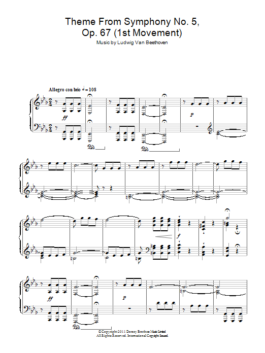 Lugwig Van Beethoven Theme from Symphony No. 5, Op. 67 (1st Movement) Sheet Music Notes & Chords for Piano - Download or Print PDF