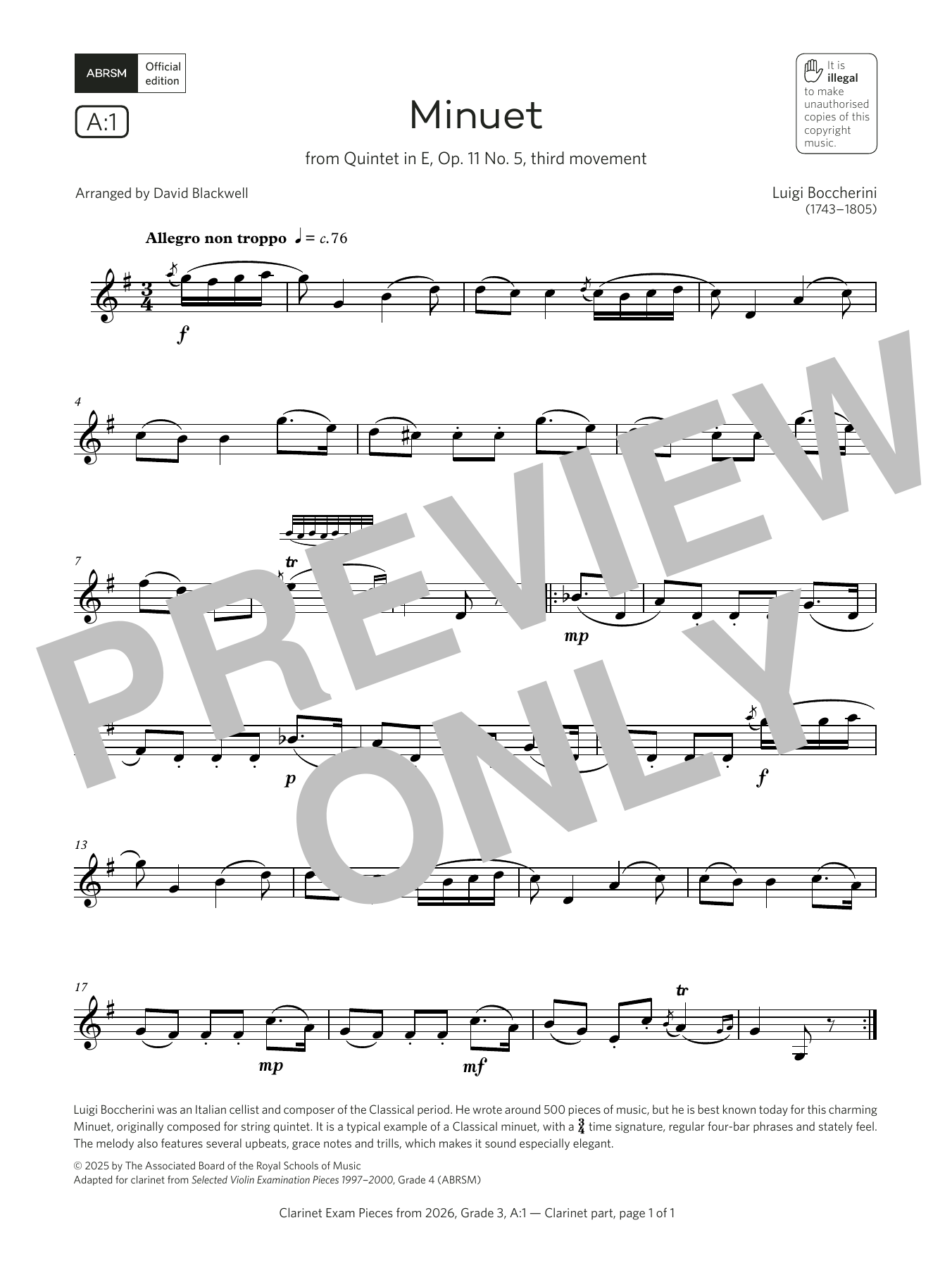 Luigi Boccherini Minuet (Grade 3, list A1, from the ABRSM Clarinet Syllabus from 2026) Sheet Music Notes & Chords for Clarinet Solo - Download or Print PDF Luigi Boccherini Minuet (Grade 3, list A1, from the ABRSM Clarinet Syllabus from 2026) Sheet Music Notes & Chords for Clarinet Solo - Download or Print PDF