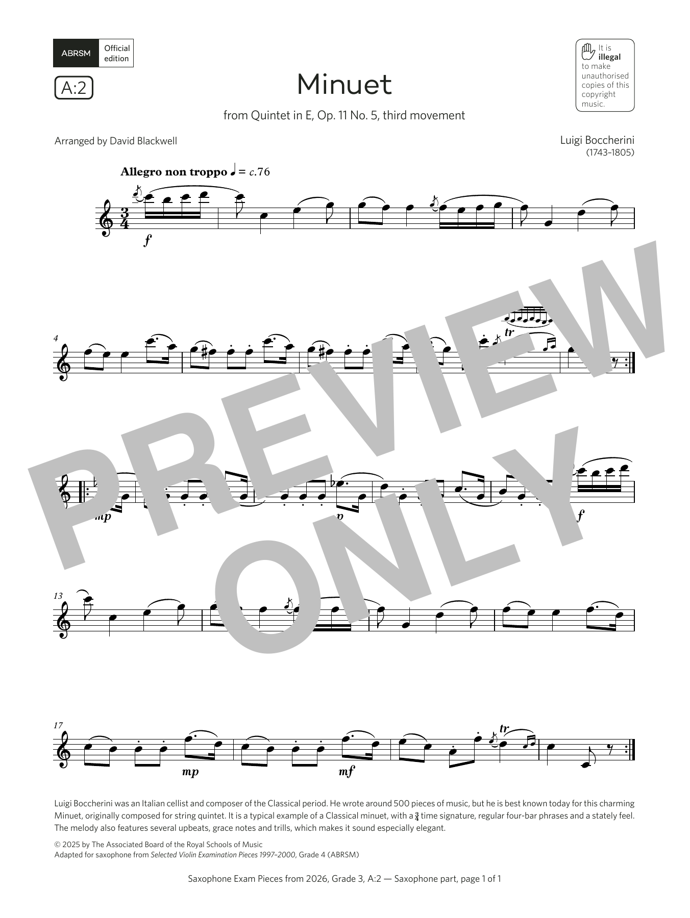Luigi Boccherini Minuet (Grade 3, list A2, from the ABRSM Saxophone Syllabus from 2026) Sheet Music Notes & Chords for Alto Sax Solo - Download or Print PDF Luigi Boccherini Minuet (Grade 3, list A2, from the ABRSM Saxophone Syllabus from 2026) Sheet Music Notes & Chords for Alto Sax Solo - Download or Print PDF