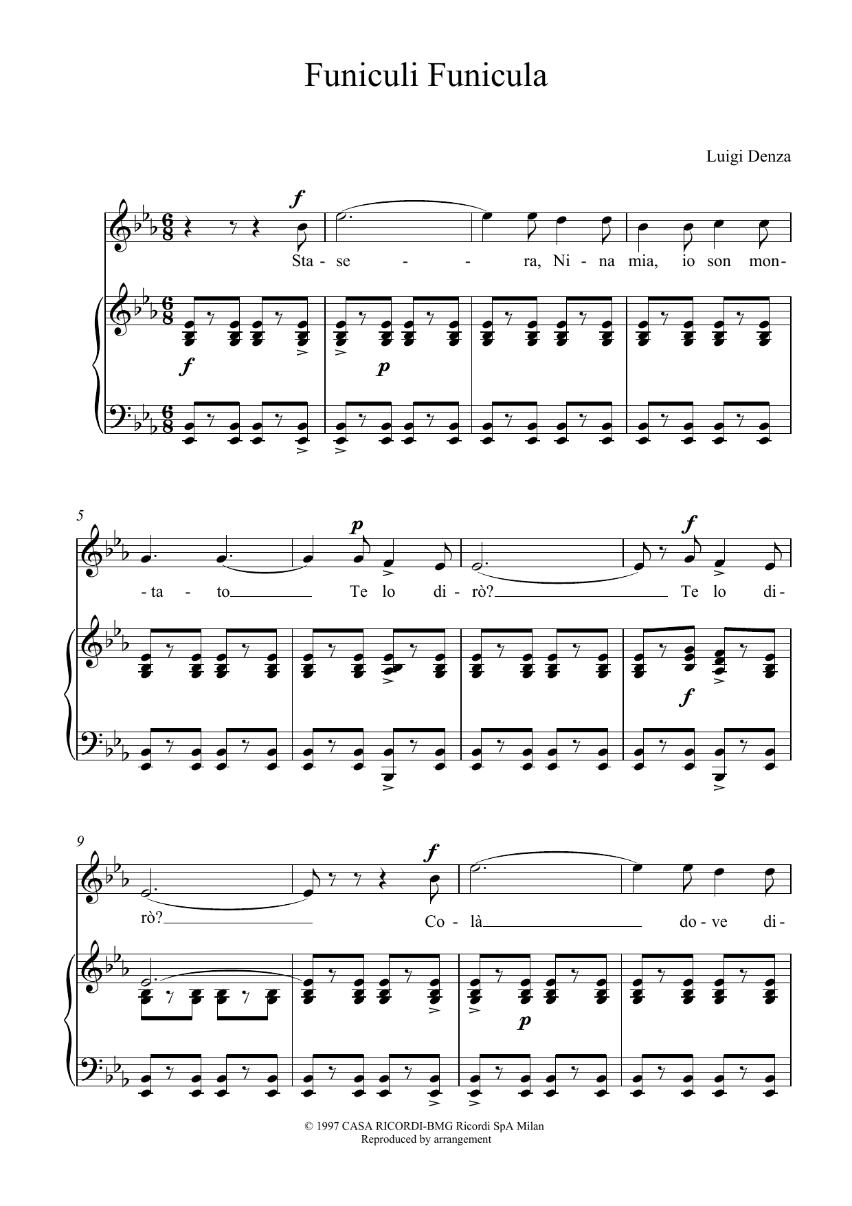 Luigi Denza Funiculi Funicula Sheet Music Notes & Chords for Piano, Vocal & Guitar (Right-Hand Melody) - Download or Print PDF