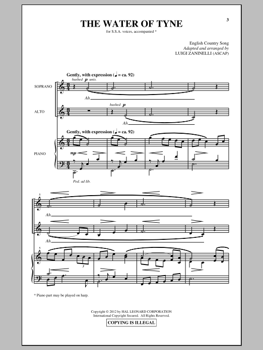 Luigi Zaninelli The Water Of Tyne Sheet Music Notes & Chords for SSA - Download or Print PDF