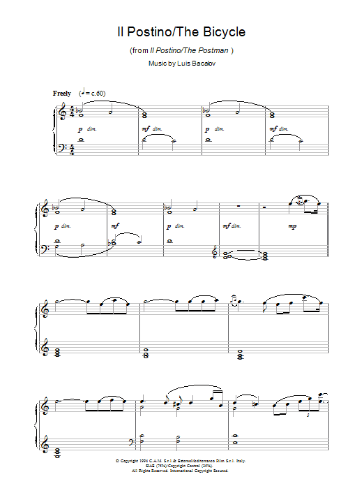 Luis Bacalov Il Postino/The Bicycle (from Il Postino/The Postman) Sheet Music Notes & Chords for Piano - Download or Print PDF