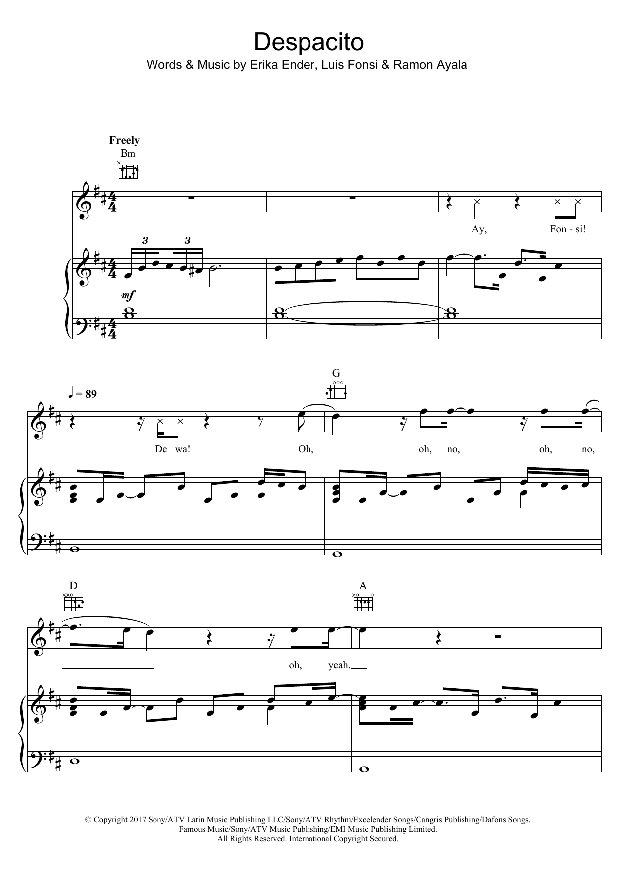 Luis Fonsi & Daddy Yankee feat. Justin Bieber Despacito Sheet Music Notes & Chords for Piano, Vocal & Guitar (Right-Hand Melody) - Download or Print PDF