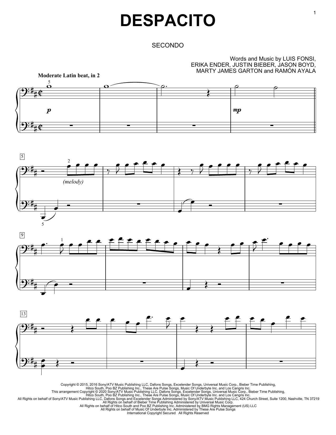Luis Fonsi & Daddy Yankee feat. Justin Bieber Despacito (arr. David Pearl) Sheet Music Notes & Chords for Piano Duet - Download or Print PDF