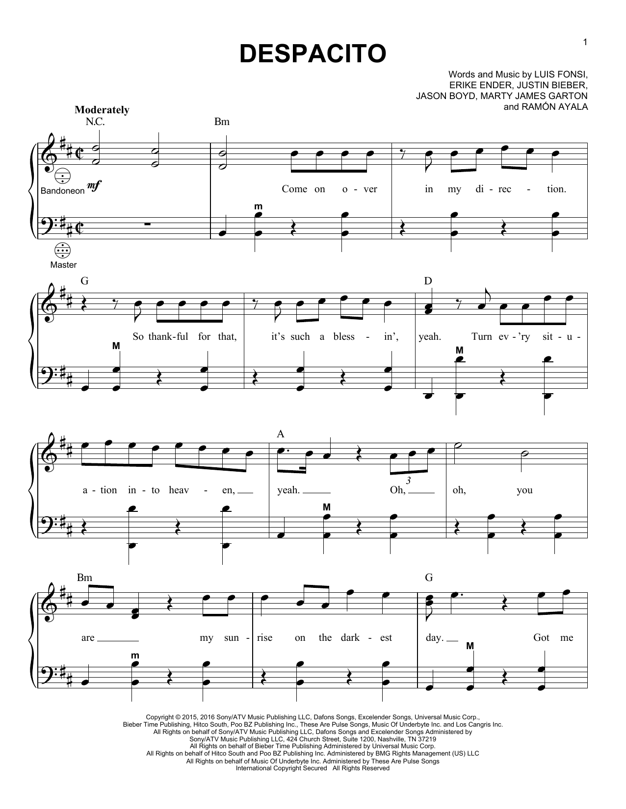 Luis Fonsi & Daddy Yankee feat. Justin Bieber Despacito (arr. Gary Meisner) Sheet Music Notes & Chords for Accordion - Download or Print PDF