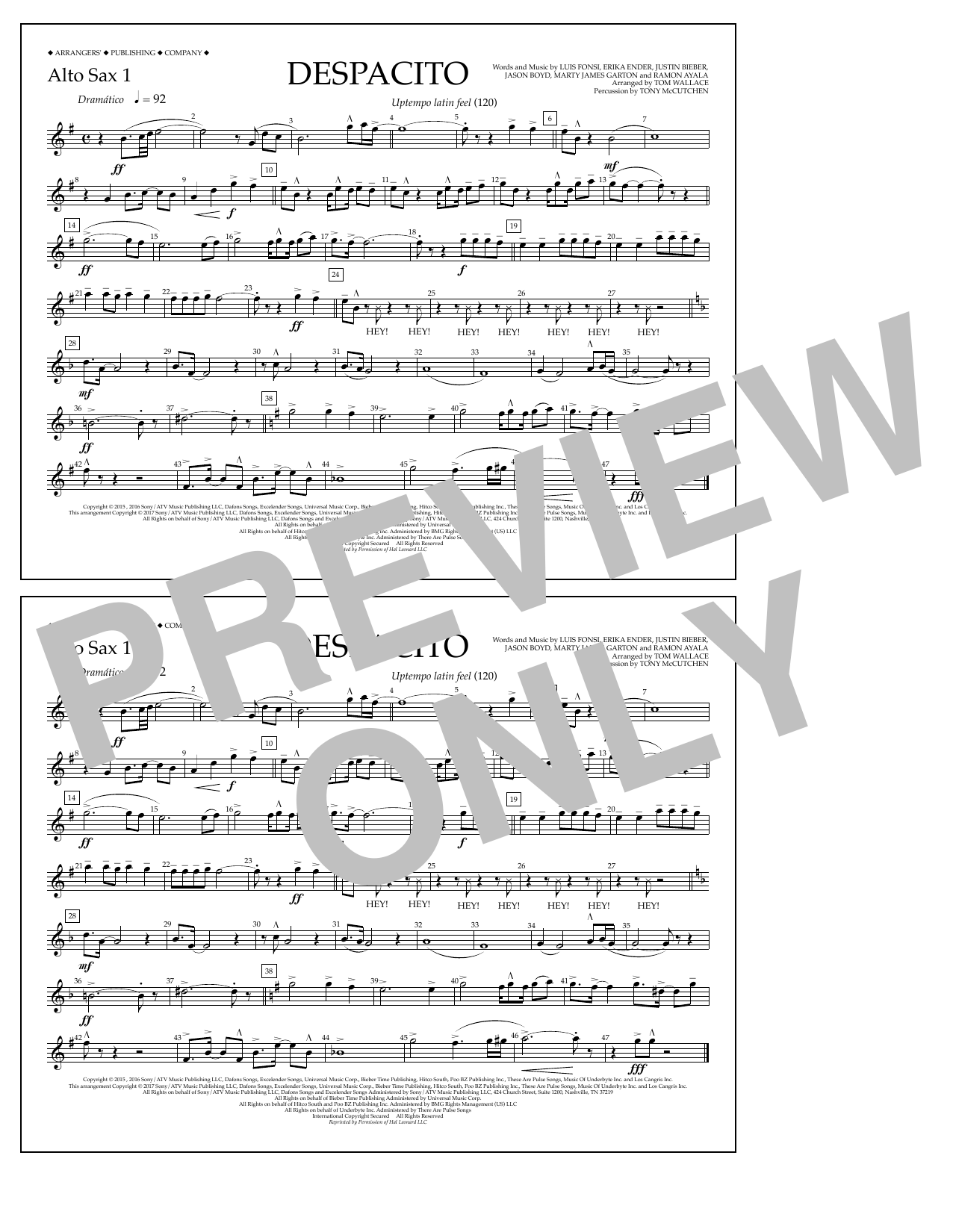 Luis Fonsi & Daddy Yankee feat. Justin Bieber Despacito (arr. Tom Wallace) - Alto Sax 1 Sheet Music Notes & Chords for Marching Band - Download or Print PDF