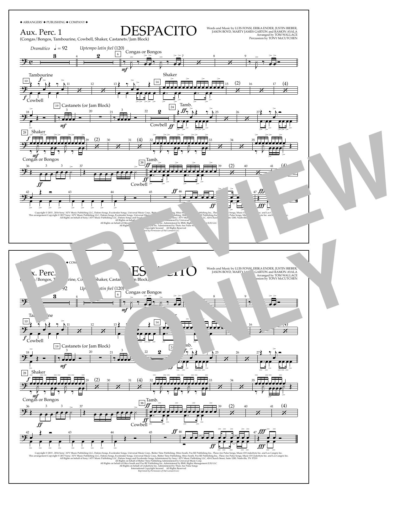 Luis Fonsi & Daddy Yankee feat. Justin Bieber Despacito (arr. Tom Wallace) - Aux. Perc. 1 Sheet Music Notes & Chords for Marching Band - Download or Print PDF