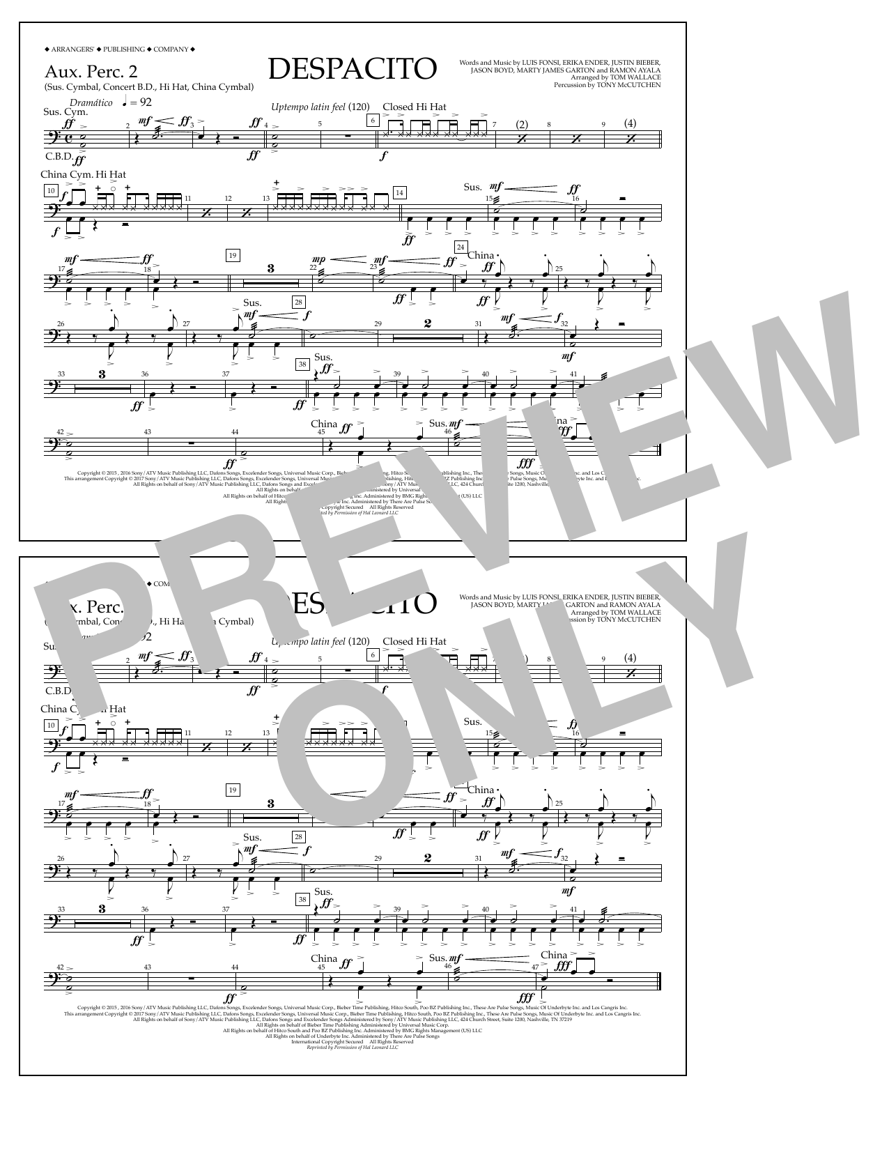 Luis Fonsi & Daddy Yankee feat. Justin Bieber Despacito (arr. Tom Wallace) - Aux. Perc. 2 Sheet Music Notes & Chords for Marching Band - Download or Print PDF