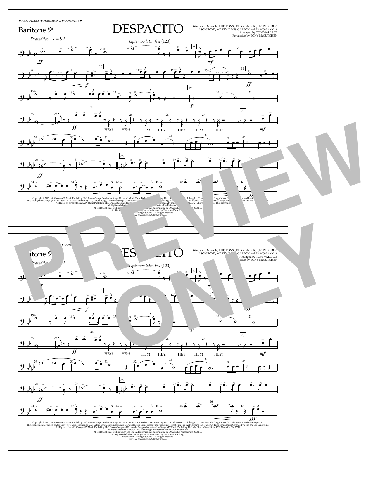 Luis Fonsi & Daddy Yankee feat. Justin Bieber Despacito (arr. Tom Wallace) - Baritone B.C. Sheet Music Notes & Chords for Marching Band - Download or Print PDF