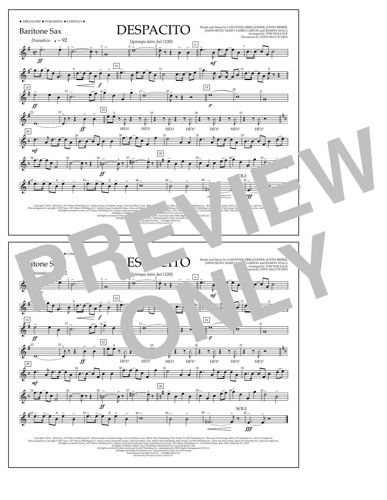 Luis Fonsi & Daddy Yankee feat. Justin Bieber Despacito (arr. Tom Wallace) - Baritone Sax Sheet Music Notes & Chords for Marching Band - Download or Print PDF