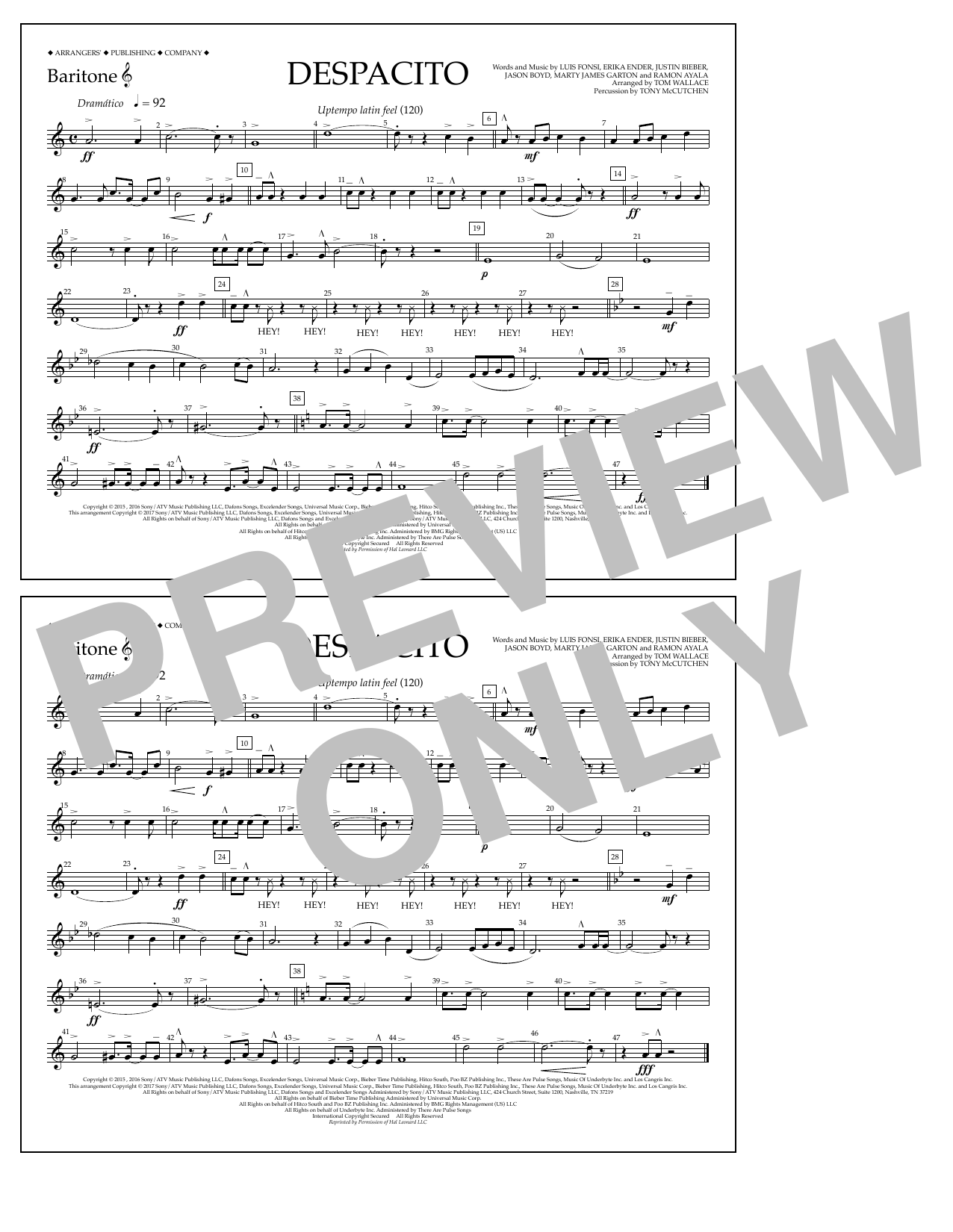 Luis Fonsi & Daddy Yankee feat. Justin Bieber Despacito (arr. Tom Wallace) - Baritone T.C. Sheet Music Notes & Chords for Marching Band - Download or Print PDF