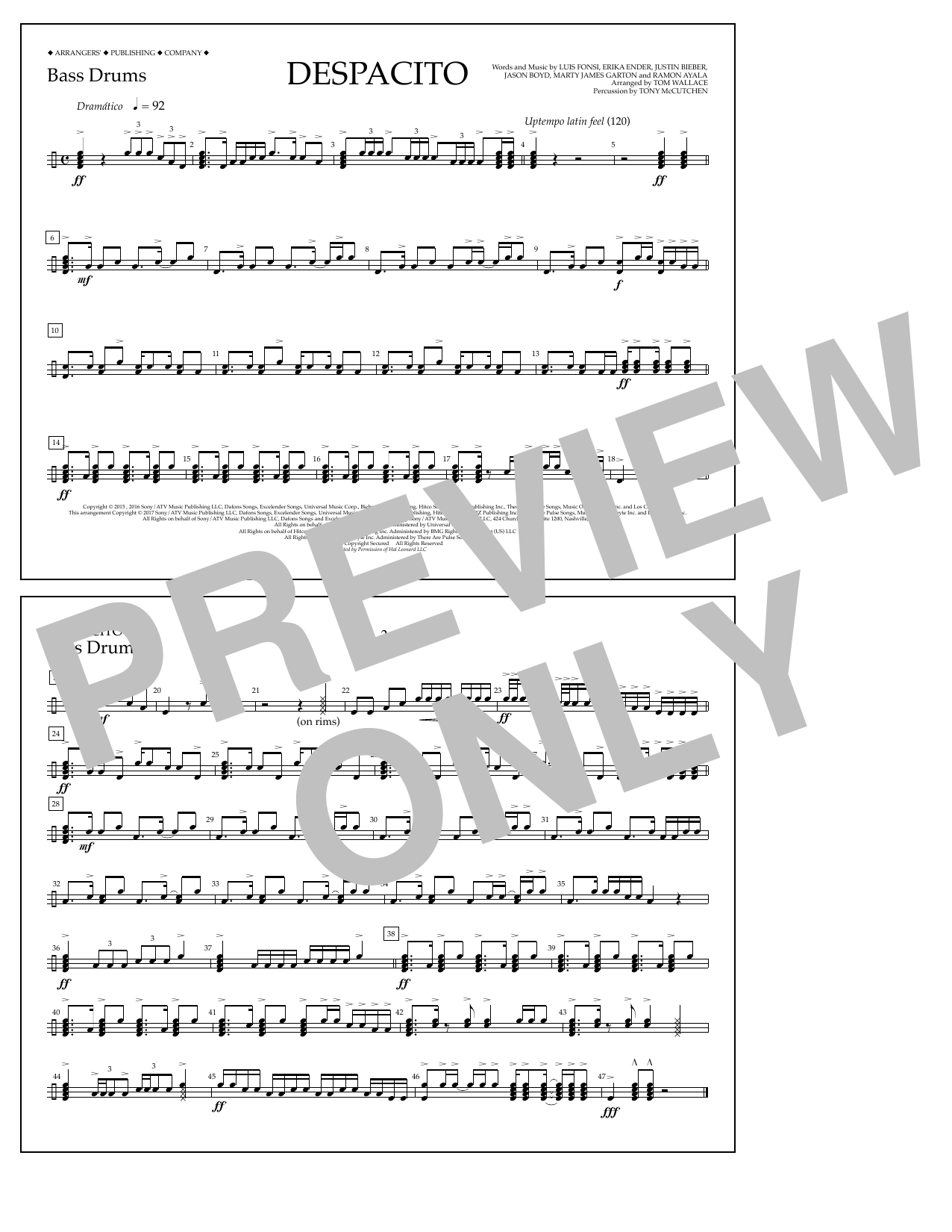 Luis Fonsi & Daddy Yankee feat. Justin Bieber Despacito (arr. Tom Wallace) - Bass Drums Sheet Music Notes & Chords for Marching Band - Download or Print PDF