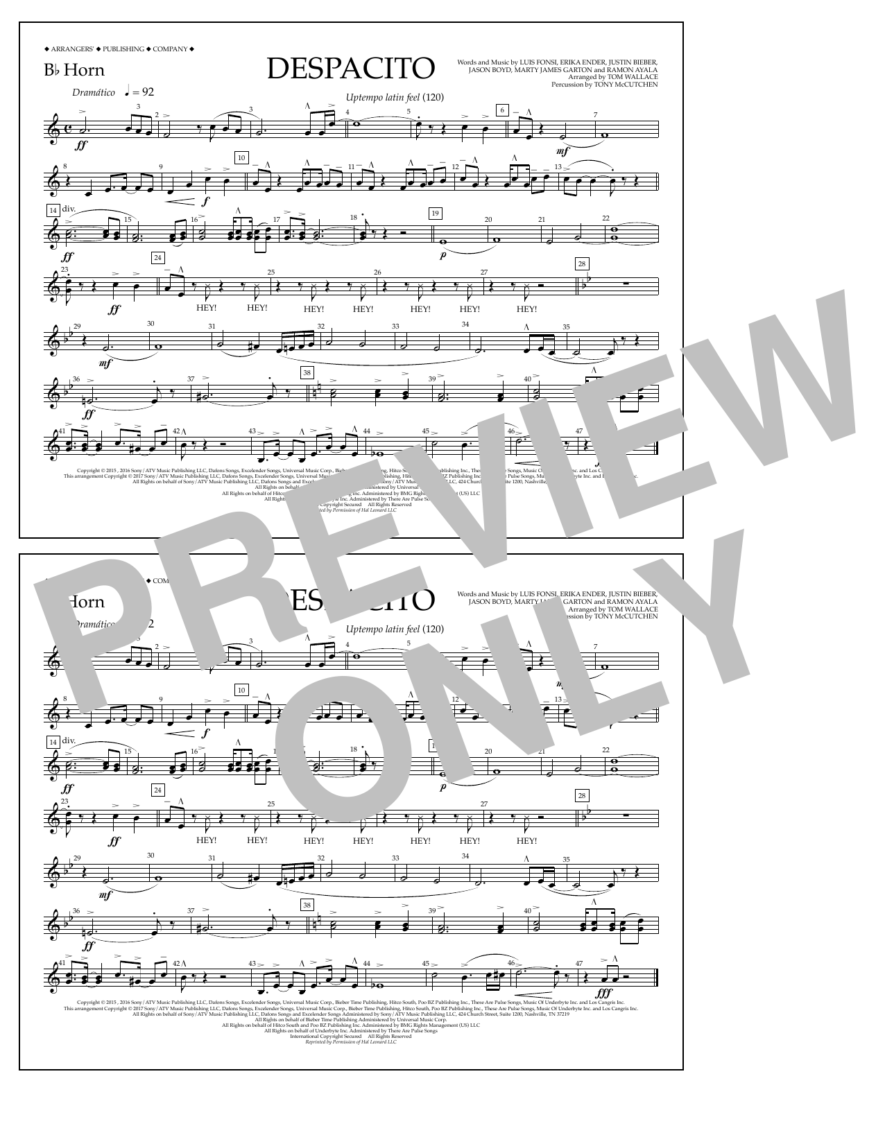 Luis Fonsi & Daddy Yankee feat. Justin Bieber Despacito (arr. Tom Wallace) - Bb Horn Sheet Music Notes & Chords for Marching Band - Download or Print PDF