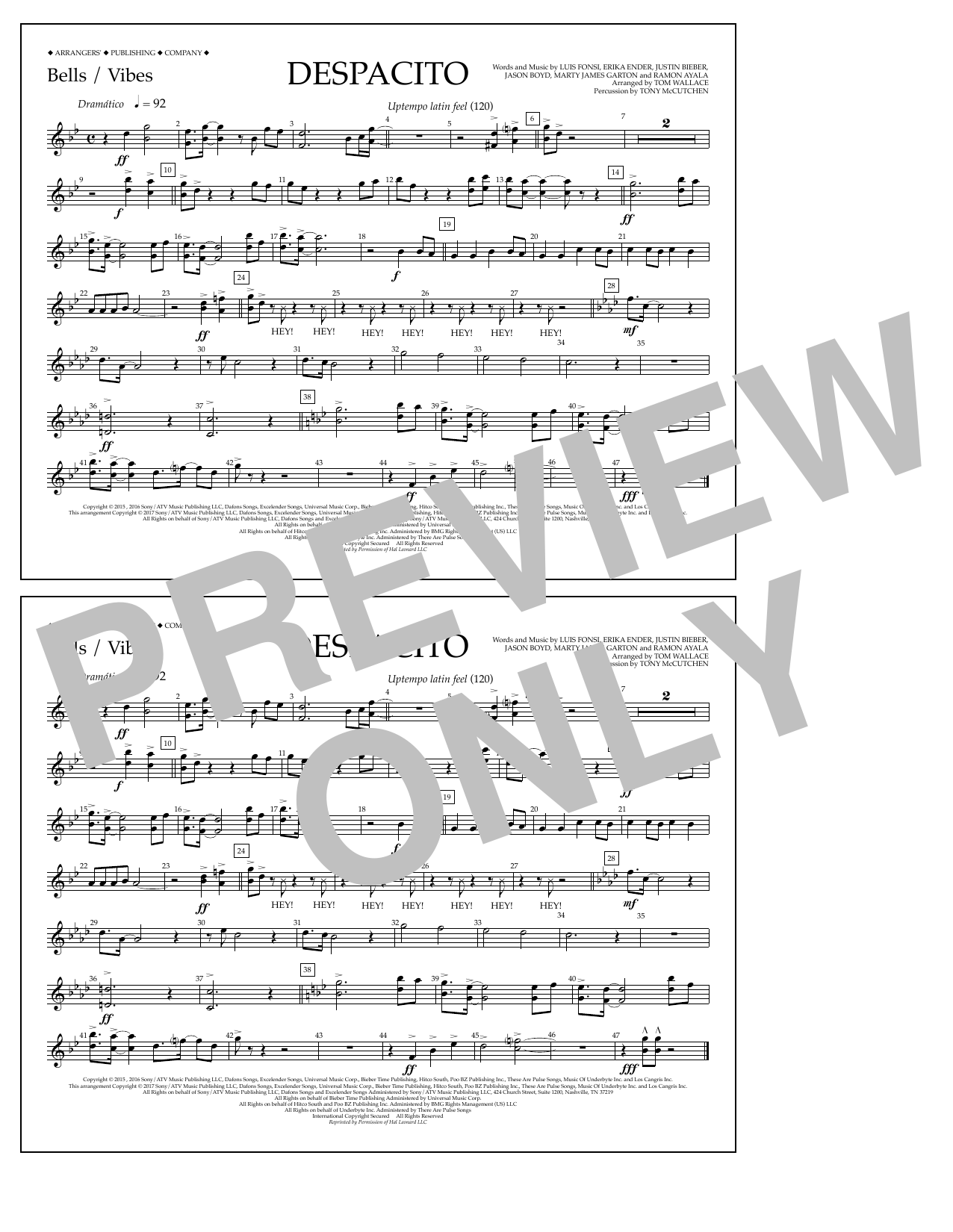 Luis Fonsi & Daddy Yankee feat. Justin Bieber Despacito (arr. Tom Wallace) - Bells/Vibes Sheet Music Notes & Chords for Marching Band - Download or Print PDF