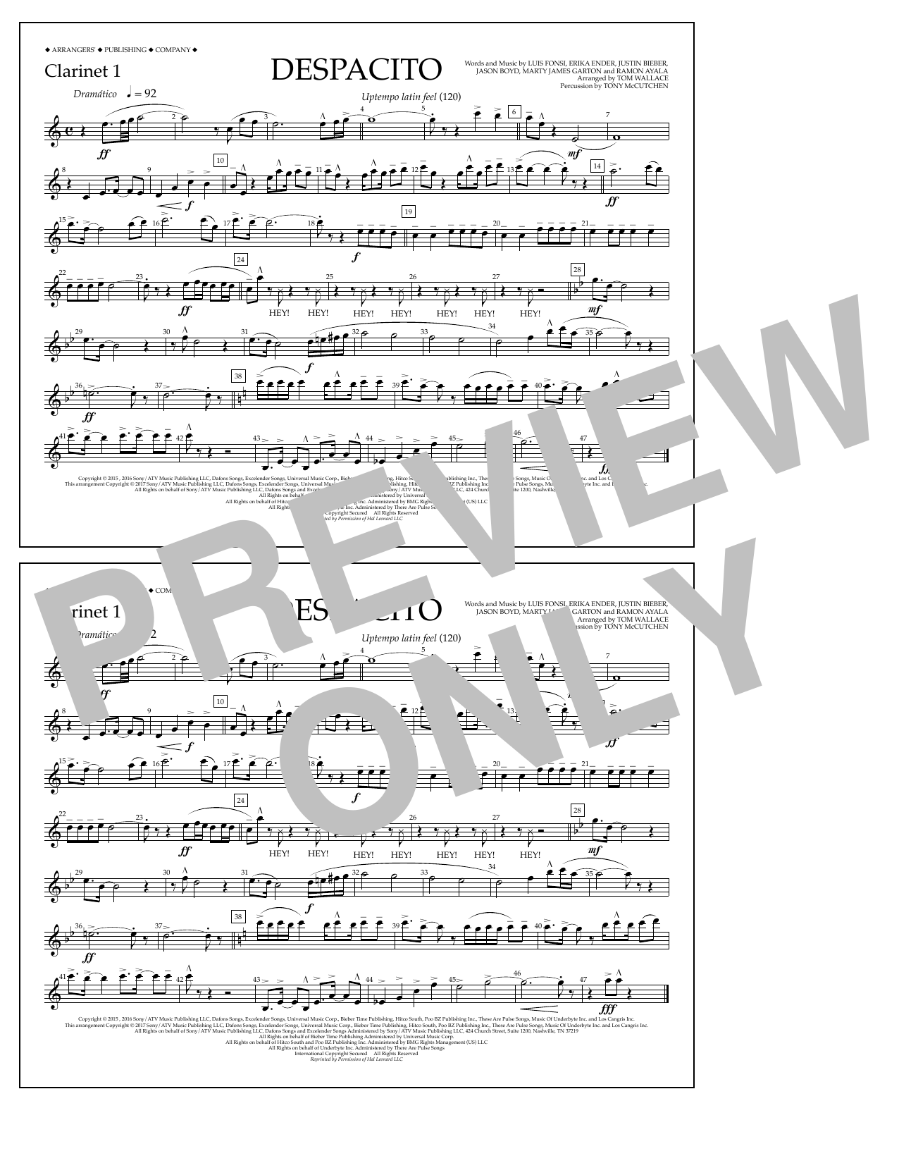 Luis Fonsi & Daddy Yankee feat. Justin Bieber Despacito (arr. Tom Wallace) - Clarinet 1 Sheet Music Notes & Chords for Marching Band - Download or Print PDF