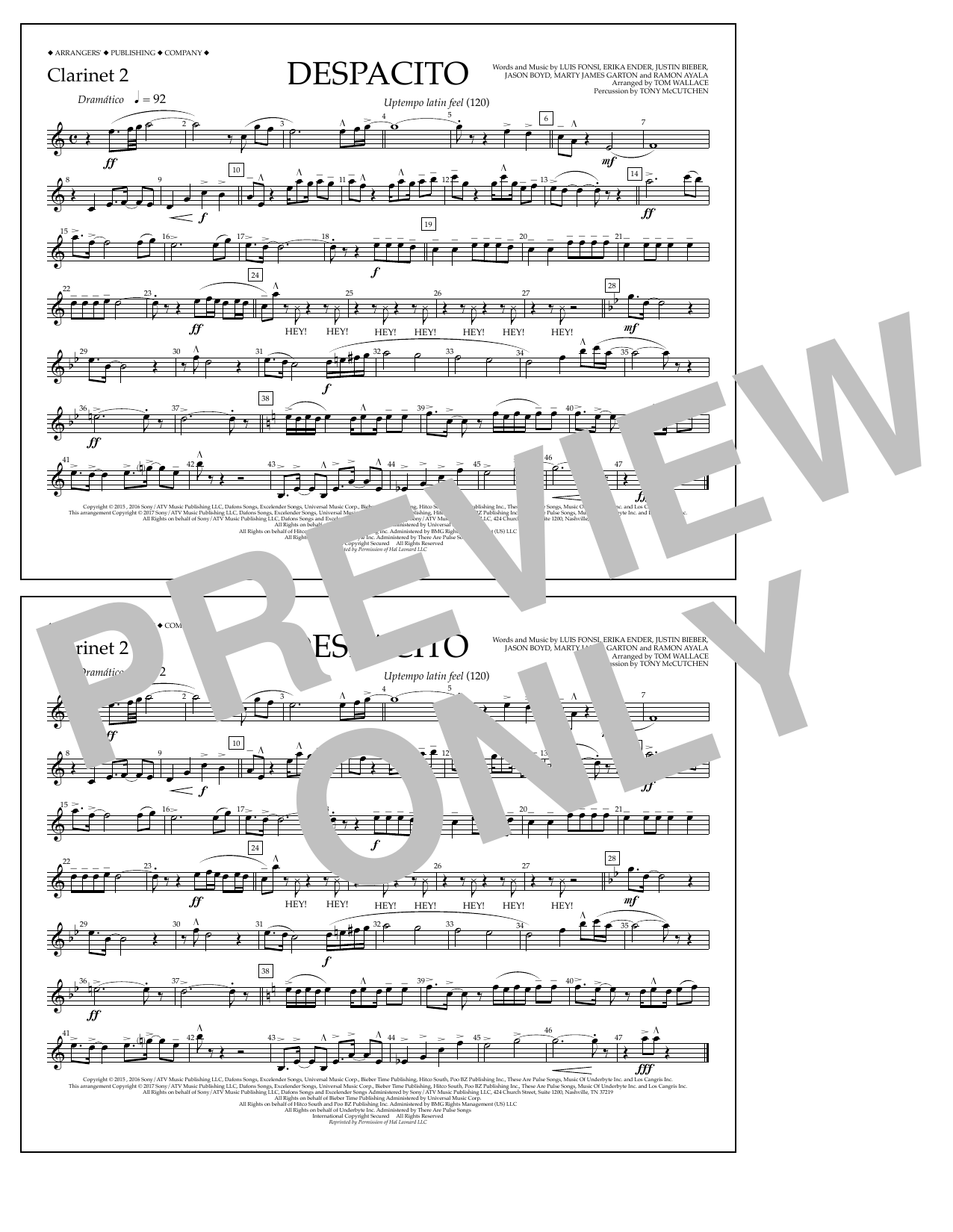 Luis Fonsi & Daddy Yankee feat. Justin Bieber Despacito (arr. Tom Wallace) - Clarinet 2 Sheet Music Notes & Chords for Marching Band - Download or Print PDF