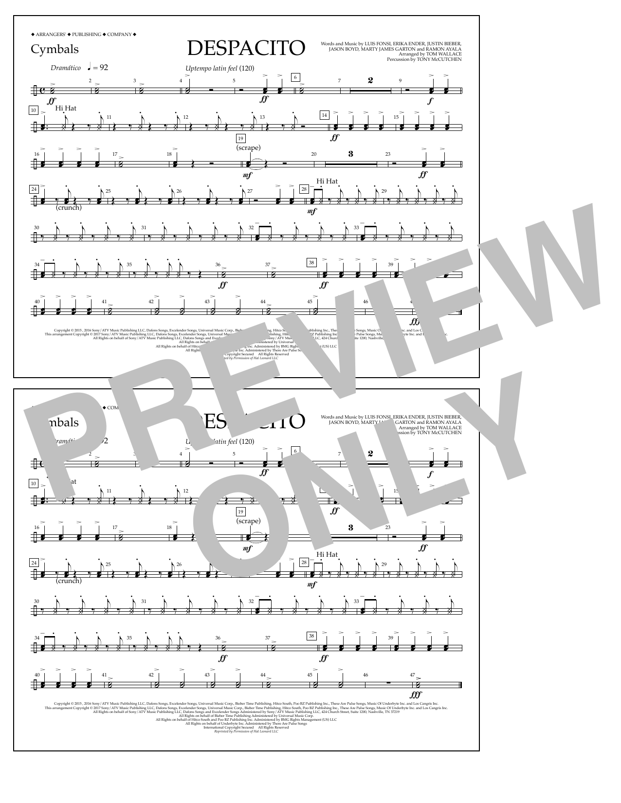 Luis Fonsi & Daddy Yankee feat. Justin Bieber Despacito (arr. Tom Wallace) - Cymbals Sheet Music Notes & Chords for Marching Band - Download or Print PDF
