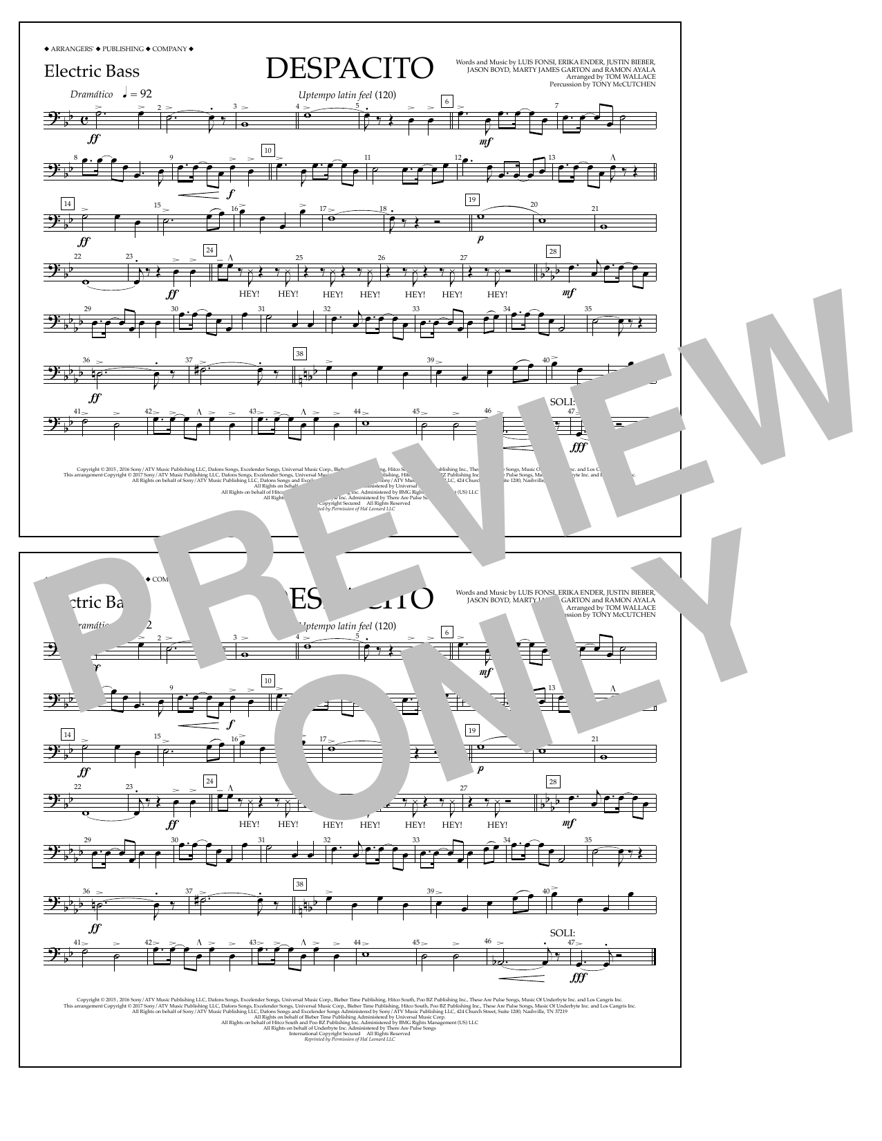 Luis Fonsi & Daddy Yankee feat. Justin Bieber Despacito (arr. Tom Wallace) - Electric Bass Sheet Music Notes & Chords for Marching Band - Download or Print PDF