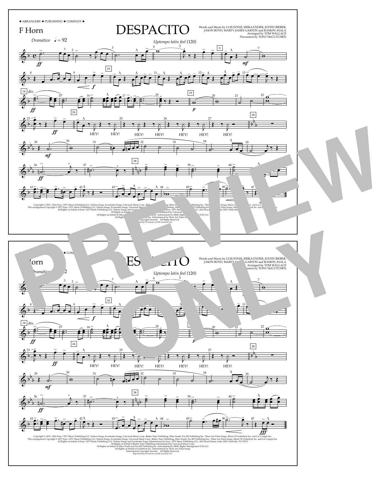 Luis Fonsi & Daddy Yankee feat. Justin Bieber Despacito (arr. Tom Wallace) - F Horn Sheet Music Notes & Chords for Marching Band - Download or Print PDF