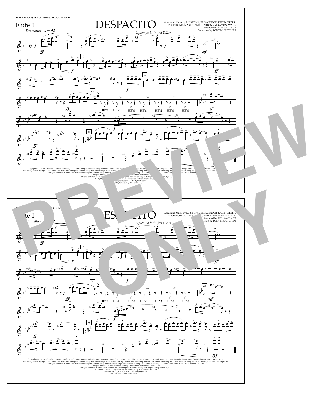 Luis Fonsi & Daddy Yankee feat. Justin Bieber Despacito (arr. Tom Wallace) - Flute 1 Sheet Music Notes & Chords for Marching Band - Download or Print PDF